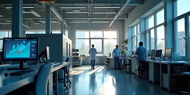 مصنع ألماني حديث يظهر روبوتات صناعية وواجهات رقمية للذكاء الاصطناعي ومعدات طاقة متجددة يجسد التحول الهيكلي في الاقتصاد الألماني