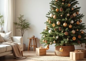 شجرة عيد الميلاد 2025 مزينة بألوان ترابية وخامات طبيعية وزخارف هندسية في ديكور مستدام بأسلوب إسكندنافي أنيق