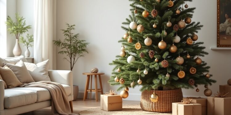 شجرة عيد الميلاد 2025 مزينة بألوان ترابية وخامات طبيعية وزخارف هندسية في ديكور مستدام بأسلوب إسكندنافي أنيق