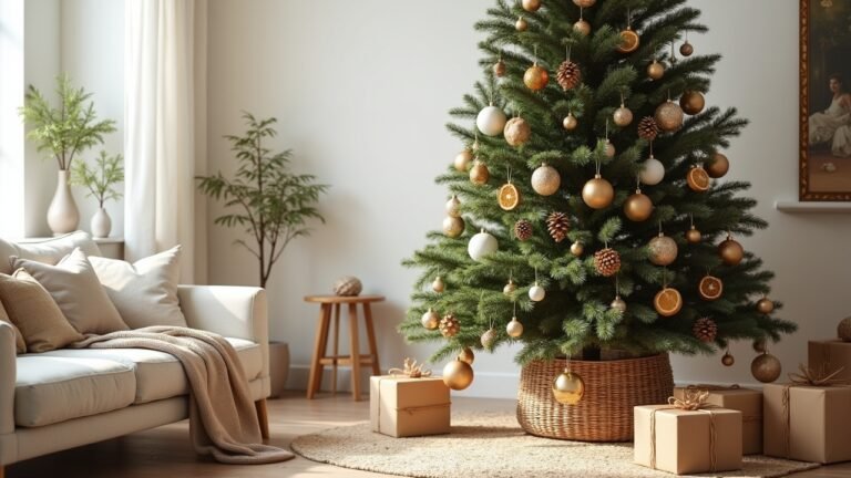 شجرة عيد الميلاد 2025 مزينة بألوان ترابية وخامات طبيعية وزخارف هندسية في ديكور مستدام بأسلوب إسكندنافي أنيق