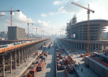 مشروع شتوتغارت 21 تحت الإنشاء مع رافعات عملاقة وهياكل خرسانية وشاشات نظام ETCS