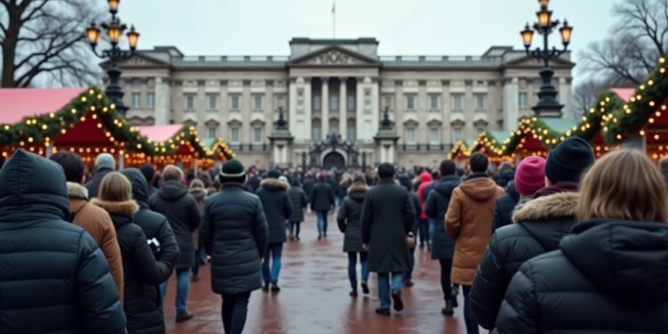 سياح في ساحة قصر باكنغهام الخالية يحملون هواتف تظهر صور سوق عيد الميلاد الوهمي المولدة بالذكاء الاصطناعي