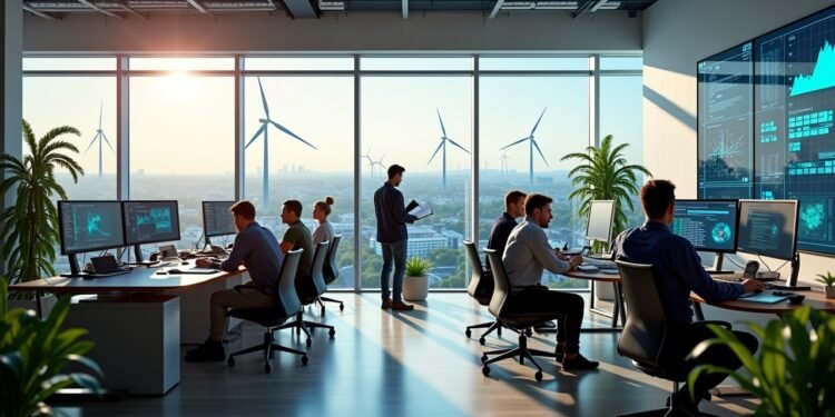 مهندس أمام محطة طاقة متجددة بألمانيا مع توربينات الرياح والألواح الشمسية