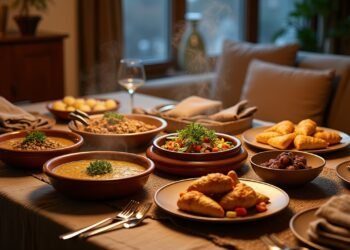 مجموعة أطباق وصفات نوفمبر الموسمية: شوربة اليقطين الكريمية، كعكة التفاح الهولندية، رولاد اللحم البقري، وديك رومي مشوي