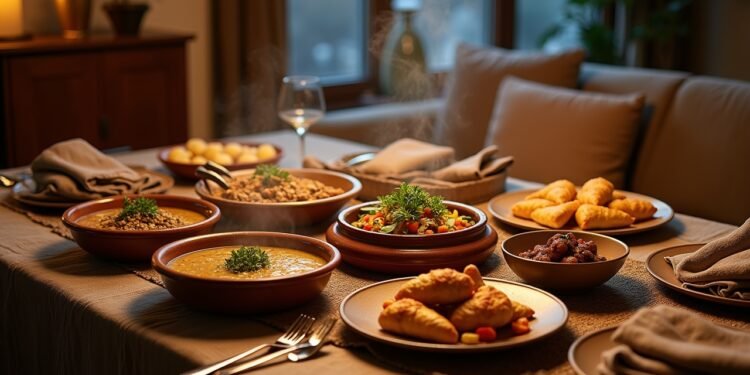 مجموعة أطباق وصفات نوفمبر الموسمية: شوربة اليقطين الكريمية، كعكة التفاح الهولندية، رولاد اللحم البقري، وديك رومي مشوي