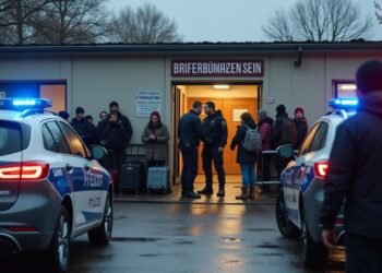 شرطيان يعتقلان صياداً أمام مركز استقبال اللاجئين في إلوينغن مع عرض أسلحة صيد مرخصة وأجهزة مراقبة