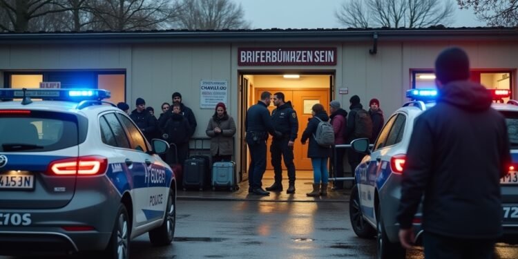 شرطيان يعتقلان صياداً أمام مركز استقبال اللاجئين في إلوينغن مع عرض أسلحة صيد مرخصة وأجهزة مراقبة