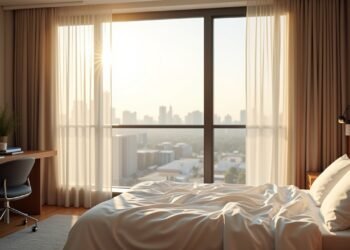 زوجان يتعانقان في غرفة نوم مشرقة بأشعة الصباح مع مكتب صغير يحوي كمبيوتر وقهوة للإشارة إلى الإنتاجية والنجاح الوظيفي