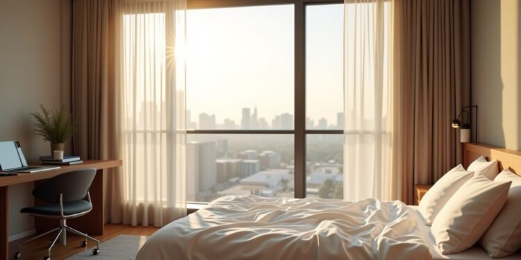 زوجان يتعانقان في غرفة نوم مشرقة بأشعة الصباح مع مكتب صغير يحوي كمبيوتر وقهوة للإشارة إلى الإنتاجية والنجاح الوظيفي