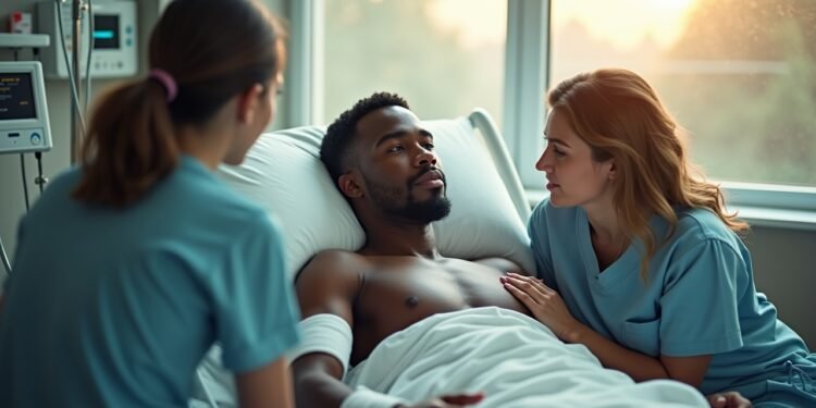 كودجوفي كوسو في وحدة العناية المركزة بعد حادث مروري في ميونخ مع ضمادة على الرأس وأجهزة مراقبة طبية