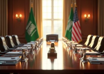 البيت الأبيض عند الغسق مع علمي السعودية وأمريكا ومكتب مغطى بوثائق استثمارات ومخططات رؤية 2030