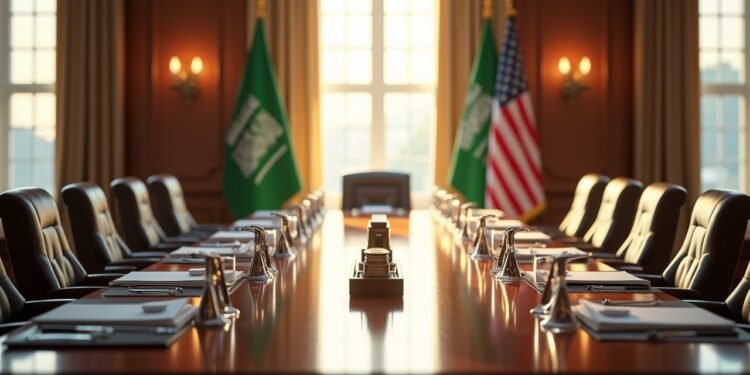 البيت الأبيض عند الغسق مع علمي السعودية وأمريكا ومكتب مغطى بوثائق استثمارات ومخططات رؤية 2030