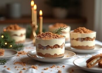 تيراميسو بدون خبز بطبقات سبكولاتيوس وكريمة الماسكربوني، مغطى بمسحوق الكاكاو وحبات الرمان، لتزيين مائدة عيد الميلاد