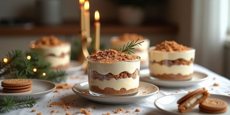 تيراميسو بدون خبز بطبقات سبكولاتيوس وكريمة الماسكربوني، مغطى بمسحوق الكاكاو وحبات الرمان، لتزيين مائدة عيد الميلاد