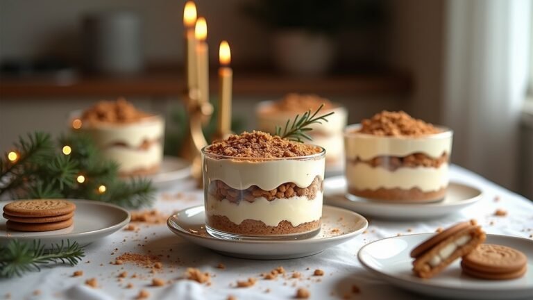 تيراميسو بدون خبز بطبقات سبكولاتيوس وكريمة الماسكربوني، مغطى بمسحوق الكاكاو وحبات الرمان، لتزيين مائدة عيد الميلاد