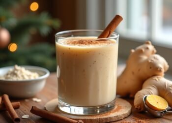 شيك اللِبْكوشِن البارد مع كريمة نباتية وقرفة وبسكويت الزنجبيل على طاولة خشبية باجواء شتوية