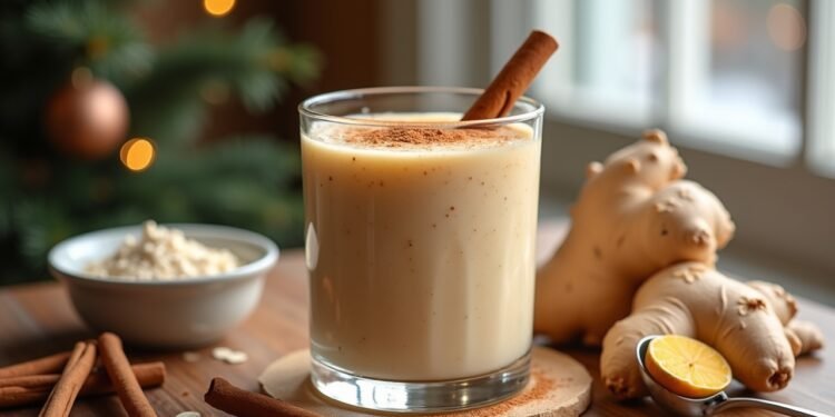 شيك اللِبْكوشِن البارد مع كريمة نباتية وقرفة وبسكويت الزنجبيل على طاولة خشبية باجواء شتوية