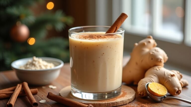 شيك اللِبْكوشِن البارد مع كريمة نباتية وقرفة وبسكويت الزنجبيل على طاولة خشبية باجواء شتوية