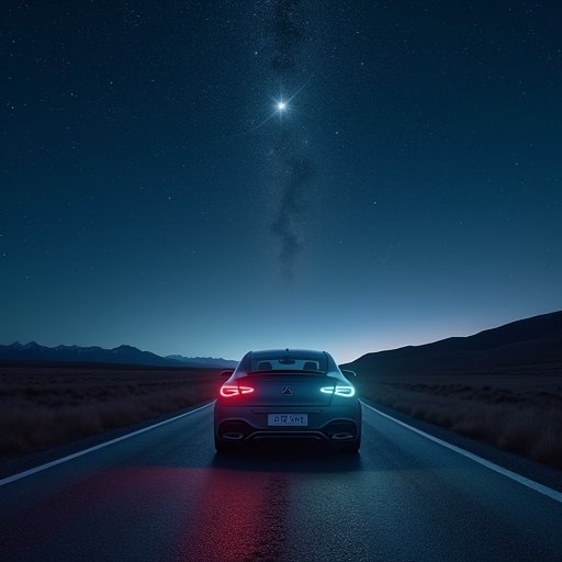 صورة بالذكاء الاصطناعي تحاكي مشهداً سينمائياً لسيارة مرسيدس CLA تحت سماء ليلية ونجوم مع قمر صناعي في الفضاء، تعكس ارتباط التكنولوجيا بالمشاعر.