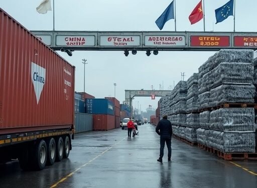 صورة بالذكاء الاصطناعي تحاكي نقطة جمارك أوروبية مع بضائع صينية وأوروبية وأجواء توتر تجاري في 2025