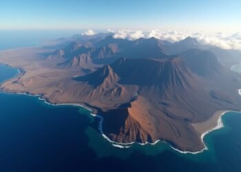 صورة بالذكاء الاصطناعي تحاكي منظرًا جويًا طبيعيًا لأرخبيل جزر الكناري في المحيط الأطلسي قبالة سواحل أفريقيا مع تضاريس جبلية وسواحل واضحة.