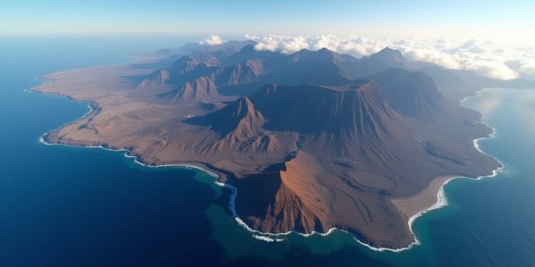 صورة بالذكاء الاصطناعي تحاكي منظرًا جويًا طبيعيًا لأرخبيل جزر الكناري في المحيط الأطلسي قبالة سواحل أفريقيا مع تضاريس جبلية وسواحل واضحة.