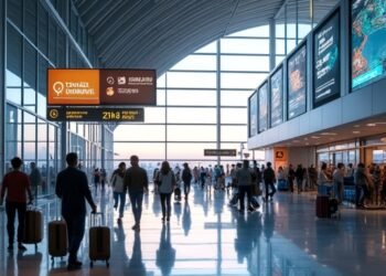 صورة بالذكاء الاصطناعي تحاكي مطاراً ألمانياً حديثاً يجمع بين السفر الذكي والتصميم الفاخر والتقنيات الرقمية.