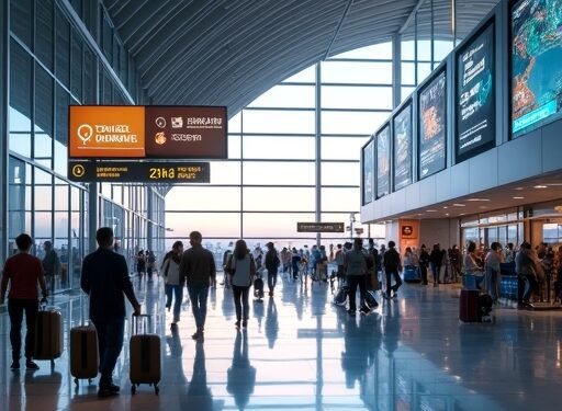 صورة بالذكاء الاصطناعي تحاكي مطاراً ألمانياً حديثاً يجمع بين السفر الذكي والتصميم الفاخر والتقنيات الرقمية.