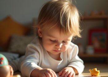 صورة بالذكاء الاصطناعي تحاكي طفلاً يتأمل صور العائلة ولعب الطفولة في غرفة هادئة، تبرز أجواء تكوّن الذكريات الأولى وتأثير الأسرة.