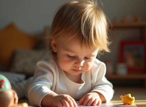 صورة بالذكاء الاصطناعي تحاكي طفلاً يتأمل صور العائلة ولعب الطفولة في غرفة هادئة، تبرز أجواء تكوّن الذكريات الأولى وتأثير الأسرة.