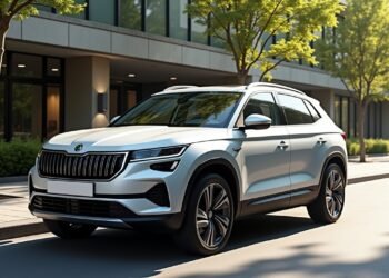 صورة بالذكاء الاصطناعي تحاكي سيارة سكودا إينياك 85 الكهربائية مركونة في شارع أوروبي تظهر تصميمها العصري الخارجي وبيئة حضرية واقعية.