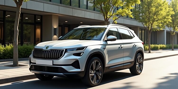صورة بالذكاء الاصطناعي تحاكي سيارة سكودا إينياك 85 الكهربائية مركونة في شارع أوروبي تظهر تصميمها العصري الخارجي وبيئة حضرية واقعية.
