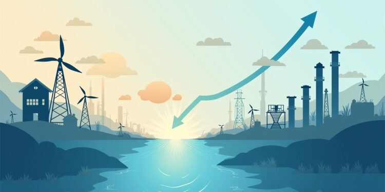 مخطط مجازي يوضح تدفق الطاقة وتأثير العقوبات على الاقتصاد، مع أنابيب رمزية وأسهم تصاعدية وهبوطية تعكس تأثير التوترات على سوق الطاقة والاقتصاد العالمي