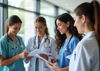 مشهد واقعي لمجموعة متنوعة من الأشخاص يتفاعلون مع مواد صحية في مرفق صحي حديث، إضاءة طبيعية، وتركيز واضح على التوعية الصحية