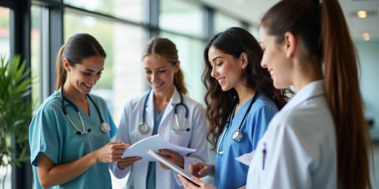 مشهد واقعي لمجموعة متنوعة من الأشخاص يتفاعلون مع مواد صحية في مرفق صحي حديث، إضاءة طبيعية، وتركيز واضح على التوعية الصحية