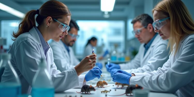 صورة بالذكاء الاصطناعي تحاكي مشهداً لمختبر علمي يراقب فيه باحثون فئران التجارب أثناء دراسة حول علاج الزهايمر بمركب P7C3-A20.