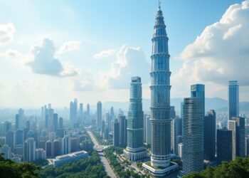 صورة بالذكاء الاصطناعي تحاكي برج مرديكا 118 الشاهق في كوالالمبور محاطاً بناطحات السحاب الحديثة ومنظر حضري ماليزي عصري يبرز التصميم العمراني الفاخر