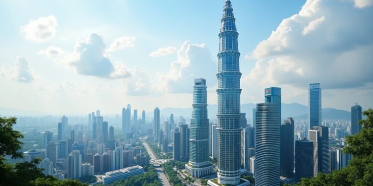 صورة بالذكاء الاصطناعي تحاكي برج مرديكا 118 الشاهق في كوالالمبور محاطاً بناطحات السحاب الحديثة ومنظر حضري ماليزي عصري يبرز التصميم العمراني الفاخر