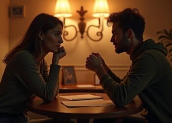 صورة بالذكاء الاصطناعي لمحاكاة شخصين يجلسان وجهاً لوجه في نقاش عميق وأسئلة تعزز القرب العاطفي