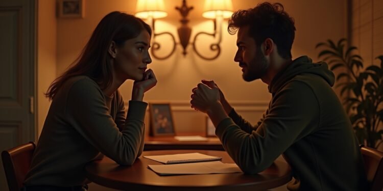 صورة بالذكاء الاصطناعي لمحاكاة شخصين يجلسان وجهاً لوجه في نقاش عميق وأسئلة تعزز القرب العاطفي