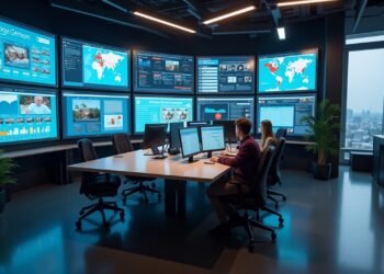 صورة بالذكاء الاصطناعي تحاكي قاعة تحرير إخبارية حديثة تعرض أدوات ChatGPT وجوجل Gemini وابتكارات تقنية في بيئة عمل تكنولوجية.