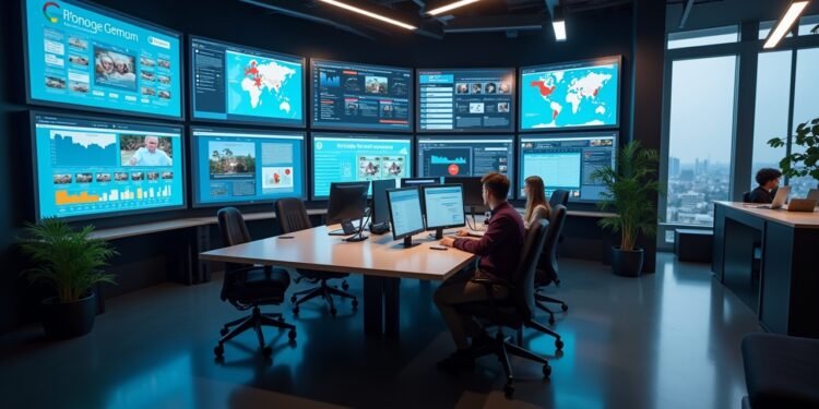 صورة بالذكاء الاصطناعي تحاكي قاعة تحرير إخبارية حديثة تعرض أدوات ChatGPT وجوجل Gemini وابتكارات تقنية في بيئة عمل تكنولوجية.