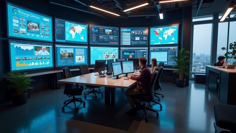 صورة بالذكاء الاصطناعي تحاكي قاعة تحرير إخبارية حديثة تعرض أدوات ChatGPT وجوجل Gemini وابتكارات تقنية في بيئة عمل تكنولوجية.