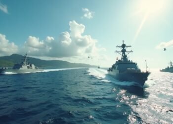 صورة واقعية لسفن عسكرية في البحر الكاريبي مع ساحل الكاريبي في الخلفية، إضاءة طبيعية، تظهر توترًا مع وجود عسكري وأنشطة بحرية، تعكس سيناريو الصراع.