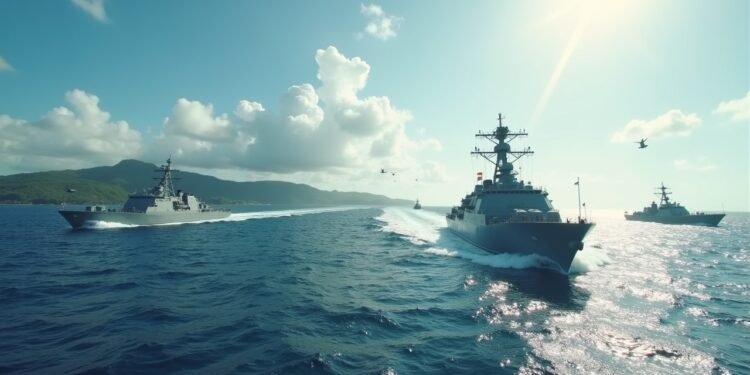 صورة واقعية لسفن عسكرية في البحر الكاريبي مع ساحل الكاريبي في الخلفية، إضاءة طبيعية، تظهر توترًا مع وجود عسكري وأنشطة بحرية، تعكس سيناريو الصراع.