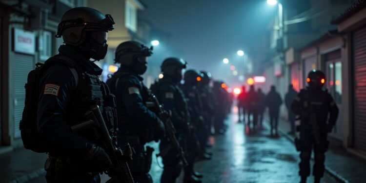 رجال شرطة أتراك يجرون عملية مداهمة في منطقة حضرية تركية ليلاً، مع أسلحة وأضواء تفتيش