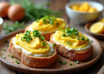 صورة بالذكاء الاصطناعي تحاكي طبق معجون البيض الطازج على خبز ريفي مزين بالبصل الأخضر والأعشاب