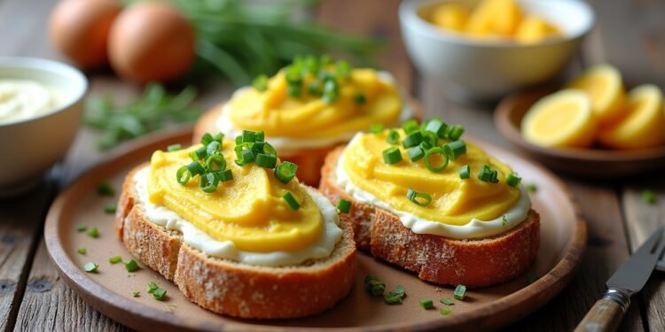 صورة بالذكاء الاصطناعي تحاكي طبق معجون البيض الطازج على خبز ريفي مزين بالبصل الأخضر والأعشاب