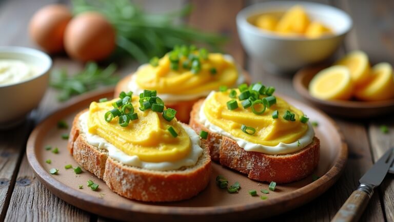 صورة بالذكاء الاصطناعي تحاكي طبق معجون البيض الطازج على خبز ريفي مزين بالبصل الأخضر والأعشاب