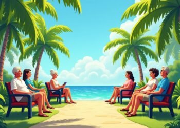 صورة بالذكاء الاصطناعي تحاكي متقاعدين يستمتعون بأجواء طبيعية في وجهة تقاعد مثالية مع مناخ مشمس وخضرة كثيفة.